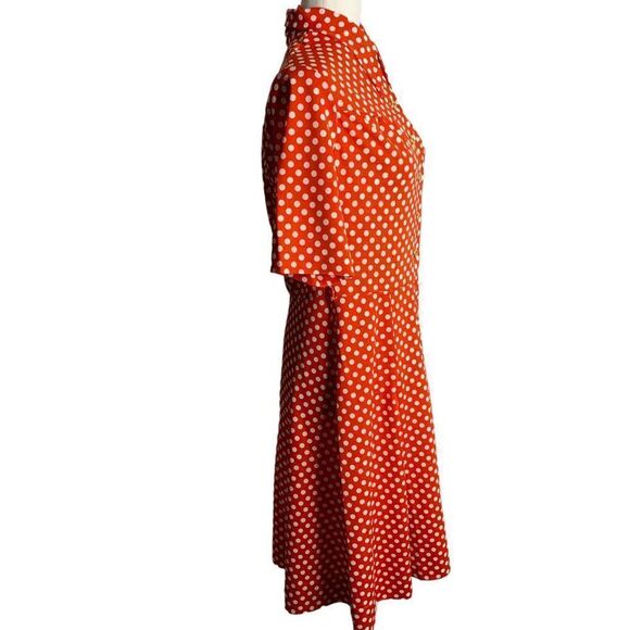 Vintage 70s Pleated Knit Shirt Dress M Red Polka Dots Point Collar Polyester - Picture 6 of 7